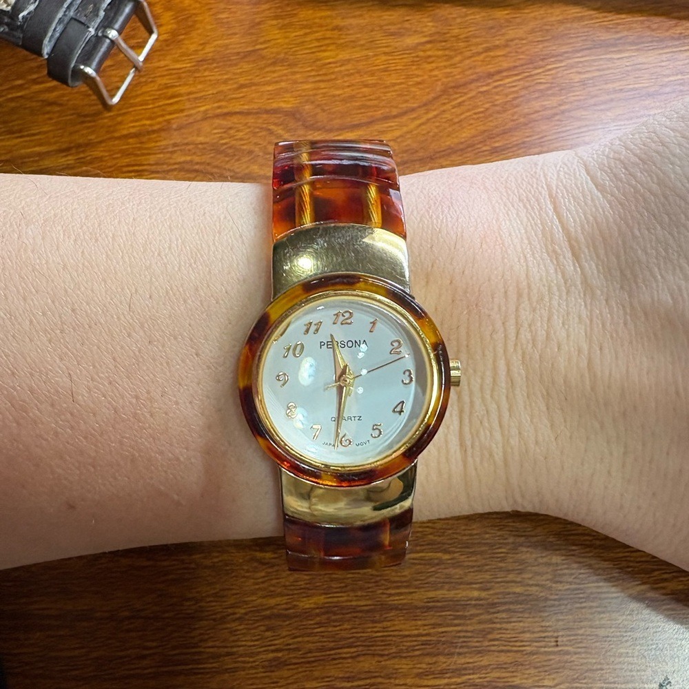 Persona Bangle Watch Womens OS Brown Gold Excellent Tortoiseshell Resin Cuff